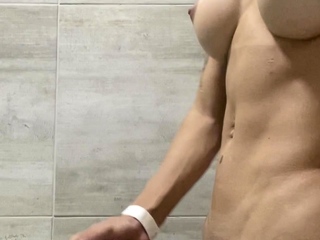 Tranny with Big Tits Jerking Off her Big Cock