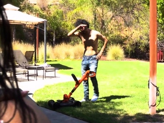 Busty MILF neighbor is stuggling with her yard perform