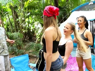 Camping teens fuck dick in foursome