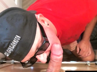 Gray DILF blows and wanks erected gloryhole dick in POV