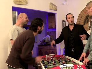 Busty French BBW gets 3 cocks and DP in wild difficult group