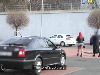 Gloryhole redhead MILF fucked by priest in public toilet