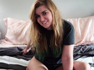 Hot Blonde Babe in Black Nylons Masturbates Solo