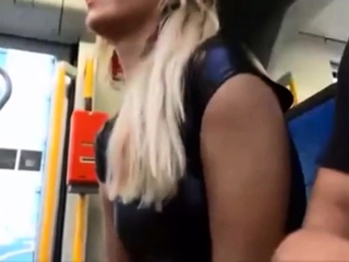 confident girlfriend offers nervous boyfriend blowjob on bus