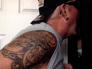 Mature DILF wanking dick even though providing gloryhole blowjob