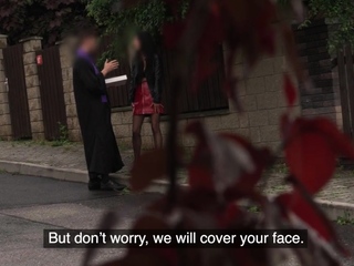 Buttplug babe in stockings fucked in the van by fake priest