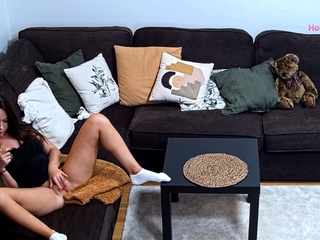 Modest tit brunette amateur tugs on a huge willie