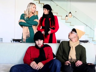 Busty stepmoms fucking teen stepsons foursome in the couch