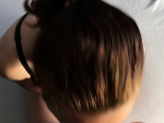 Deep blowjob with gagging and cum in mouth, attractive teen suck c