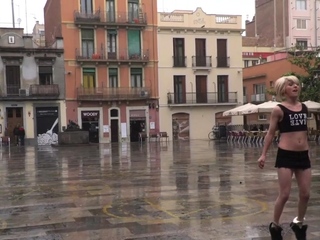 Feminine servant whipped out of doors by redhead femdom girl