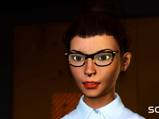 Robotic shemale fucks attractive cuffed busty brunette in sci-fi lab