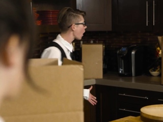 Busty She MILF fucking hairypussy babe in kitchen after BJ