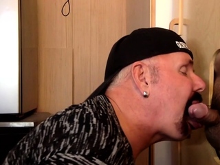 Gloryhole beginner homosexual sucks dong and takes cum in mouth