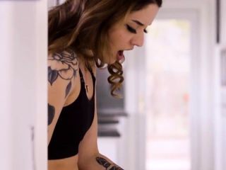 Grasping tattooed babe fingered and fucked by pussylicking BF