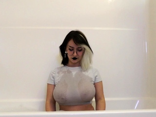 Large boobs milf masturbates together with her dildo