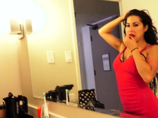 Brunette novice babe strips off and masturbates