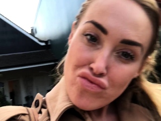 Outside solo masturbation scene with curly blonde