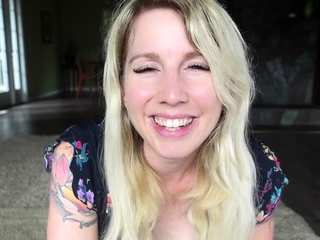 Masturbating busty blonde teen on sofa with large toys