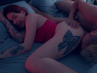 Step mom in crimson lingerie takes step son’s sofa for