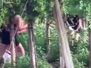 Spying blonde hooker fucking in the woods