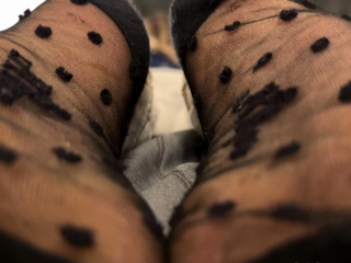 Busty brunette foot fetish and footjob in nylons